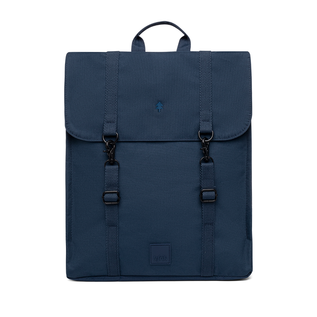 Navy blue vegan slim backpack. Eco-friendly branded merchandise