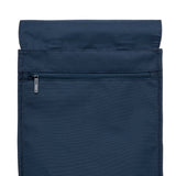 Navy blue vegan backpack. Back pocket detail 