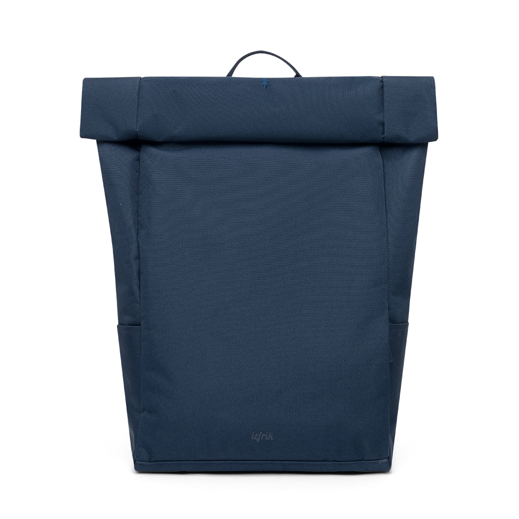 Sustainable Vegan Roll-Top Backpack in blue. Branded merch 