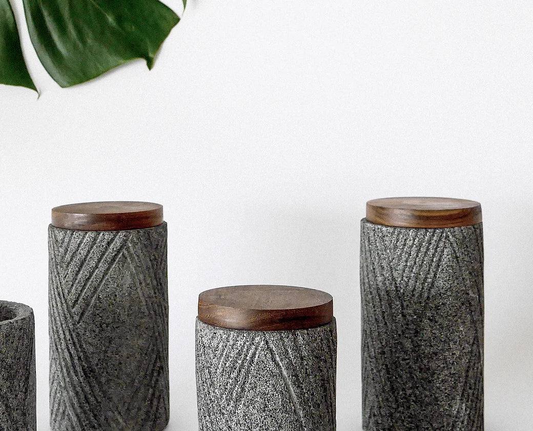 Stoneware jars with wooden lid